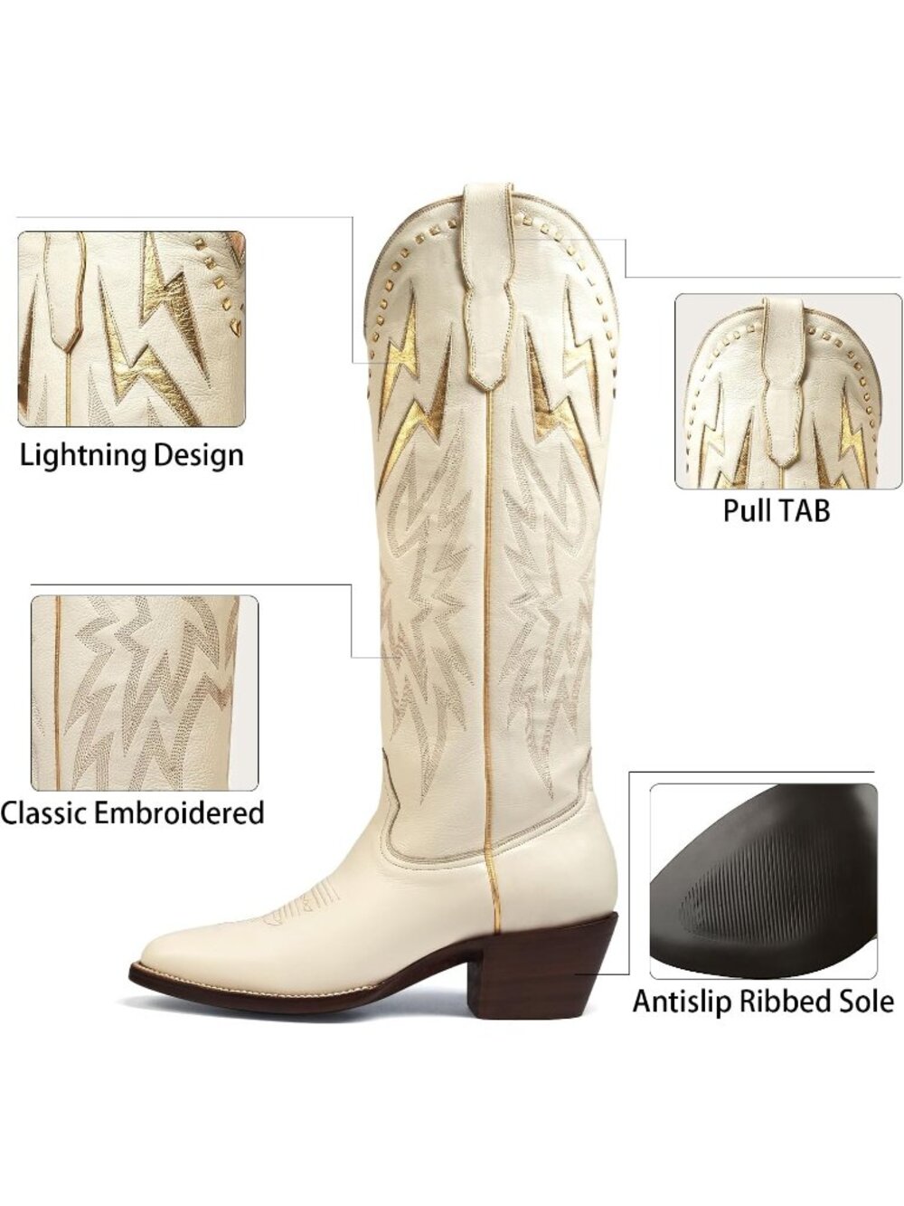 Women's White Lightning Embroidered Pointed Toe Western Chunky Low Heel Boots - Picture 5 of 6